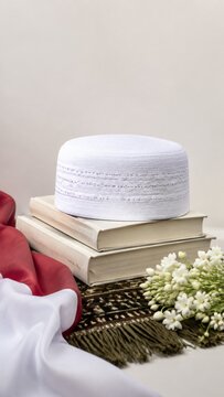 National Santri Day concept with a white peci cap, traditional Islamic prayer hat, books, and Indonesian flag on a woven mat background, Islamic education concept