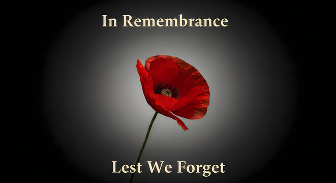 Red poppy flower with in remembrance and lest we forget text on a dark background