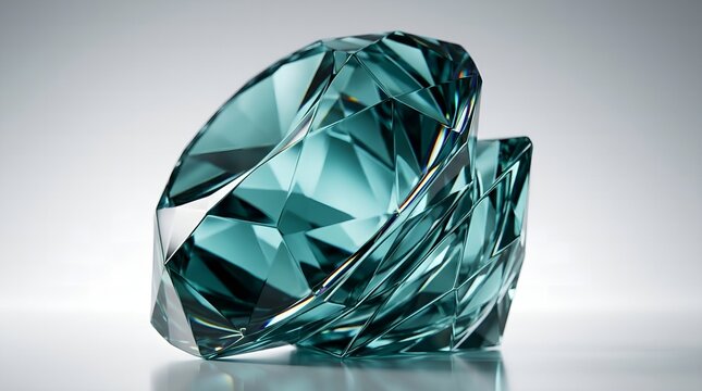 Abstract diamond cut glass facet in cool teal with cinematic side lighting on a gray gradient background