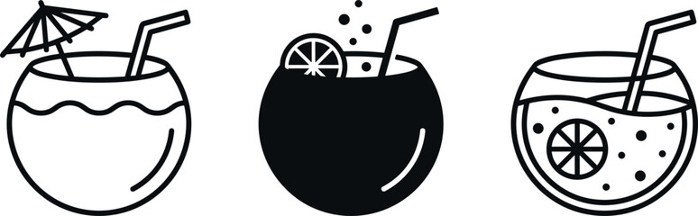 Obraz premium Coconut cocktail, tropical drink, and summer refreshment vector icons set for vacation and beach party symbols