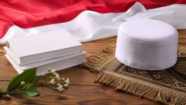 National Santri Day concept with a white peci cap, traditional Islamic prayer hat, books, and Indonesian flag on a woven mat background, Islamic education concept