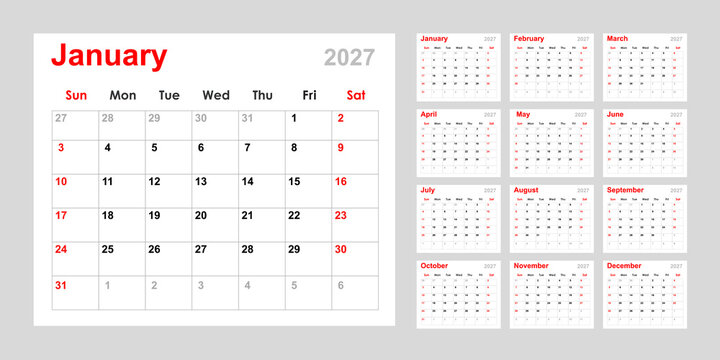 Calendar 2027, Yearly Calendar 2027 vector illustrator, calendar planner 2027, calendar Layout 2027 .