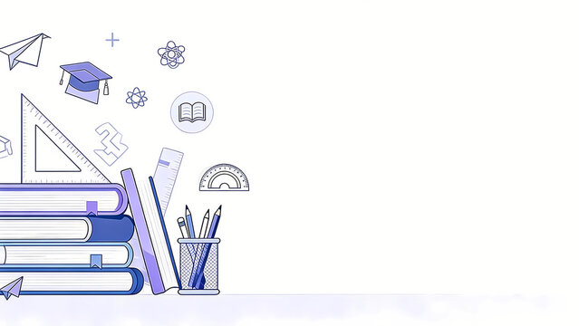 Educational icons and school supplies floating on white background with blue purple color scheme