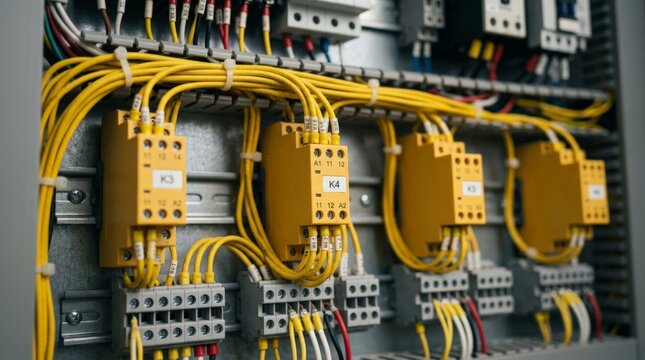 A close up view of an industrial electrical control cabinet featuring relays labeled K3 and K4 connected with neat yellow wires inside a complex wiring fuse box system