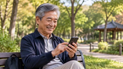 Fototapeta premium 공원에서스마트폰을사용하는웃는한국시니어남성