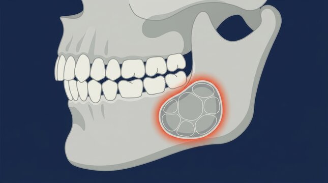 Medical illustration of a multilocular lesion within the human mandible jaw bone structure
