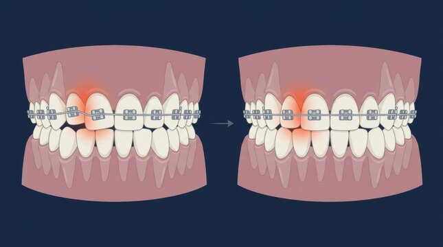 Dental illustration showing the correction of a misaligned tooth using orthodontic braces