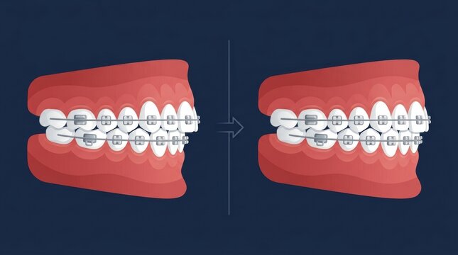 Dental illustration showing the correction of an overbite using metal orthodontic braces treatment