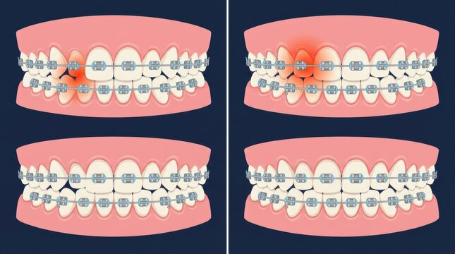Dental illustration showing the progression of orthodontic treatment and gum irritation issues