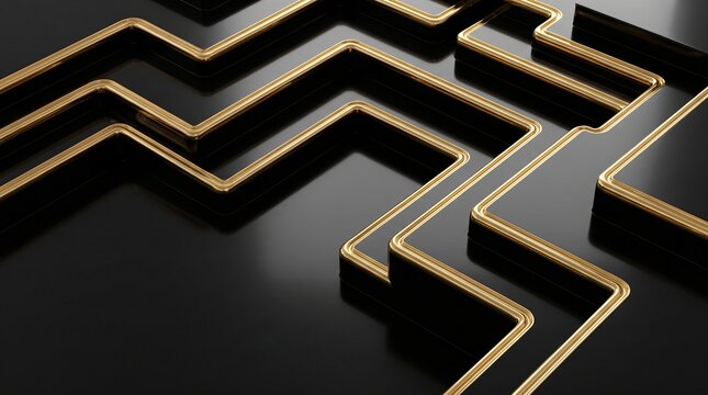 Luxury black obsidian gold orthogonal labyrinth plate topography map, right angle 90 degree stepped platforms with molten liquid gold borders for private banking wealth management executive poster