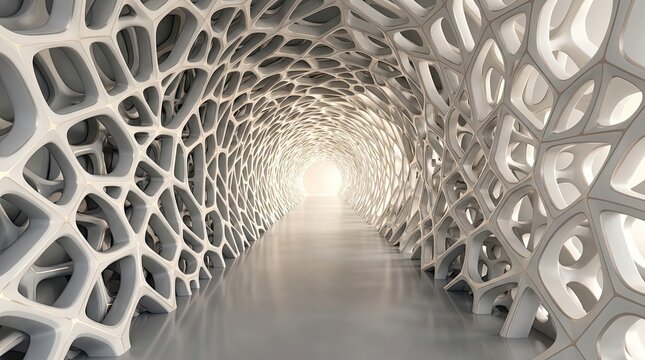 Futuristic Corridor with Organic Voronoi Pattern Walls and Bright Light at the End