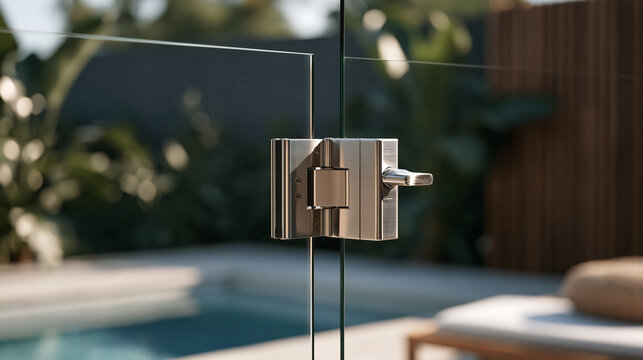 Glass pool fence gate with self closing stainless hinge mechanism and child proof magnetic latch, residential safety hardware, pool barrier compliance, backyard installation