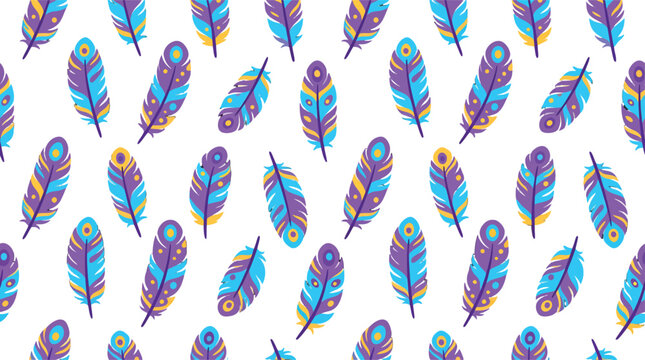 Colorful feather seamless pattern with stylized purple cyan and yellow plumes for textile print cover and background vector
