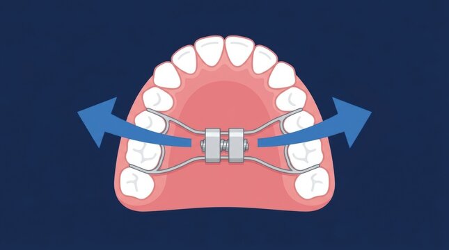 Illustration of a maxillary expander appliance showing the outward expansion of human teeth