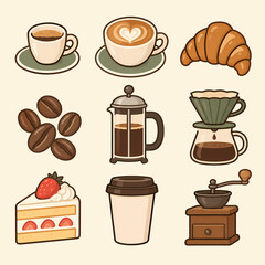 Obraz premium Cafe and coffee flat icon set with latte croissant french press and grinder