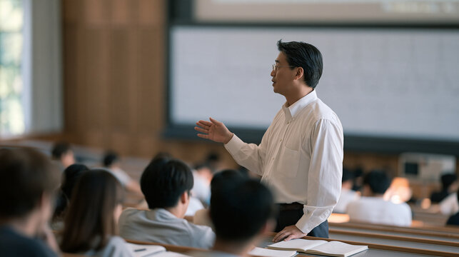 A Japanese materials science professor demonstrates piezoelectric crystal vibration using a physical oscilloscope display live in a packed engineering lecture hall with students