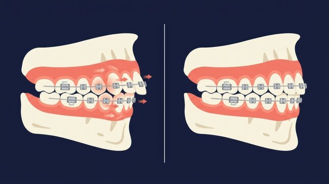 Orthodontic treatment illustration showing dental alignment process with metal braces on teeth