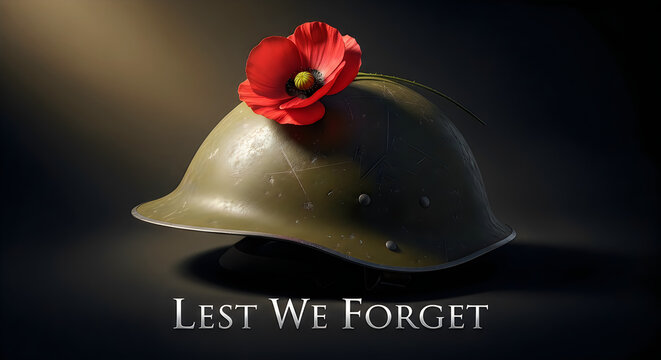 Vintage military helmet with a red poppy flower for remembrance day and lest we forget tribute