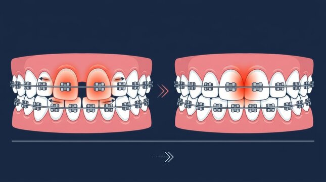 Dental braces closing a gap between front teeth in a before and after orthodontic treatment view