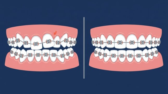 Comparison illustration of dental braces correcting teeth alignment for orthodontic treatment