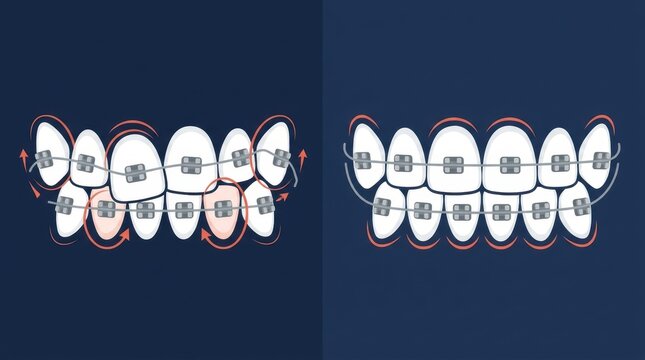 Dental braces correction process showing teeth alignment from crooked to straight position