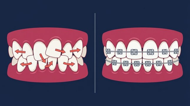 Illustration showing dental alignment correction with metal braces on human teeth structure