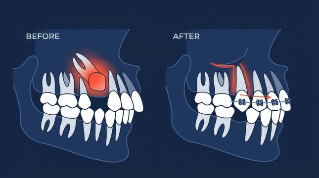 Dental illustration showing the correction of an impacted tooth using orthodontic braces treatment