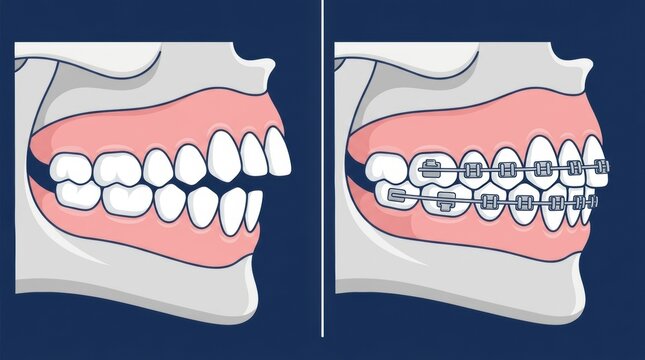 Medical illustration showing dental malocclusion correction with metal orthodontic braces