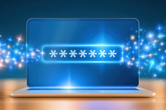 Glowing password field on laptop screen with sparkling blue light effects