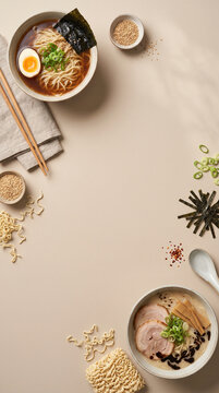 Top view of Japanese ramen soup bowls and raw ingredients on beige background with center copy space