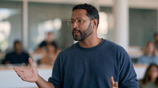 A man with round glasses and a trimmed beard uses physical gesture and silence as a rhetoric professor teaching persuasion techniques to a communications undergraduate cohort in a