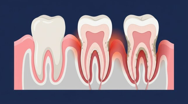Cross section illustration of human teeth showing stages of gum disease and dental decay