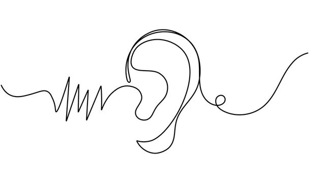 Modern human ear with wave sound frequency sign continuous unbroken single line art drawing on white background minimalist technology of hearing and medical health care concept symbol animation video