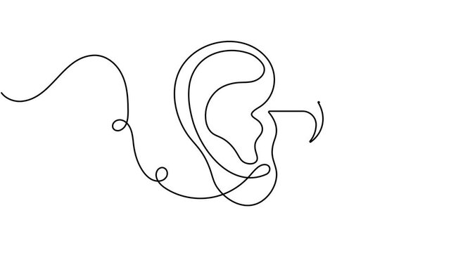 Modern human ear with wave sound frequency sign continuous unbroken single line art drawing on white background minimalist technology of hearing and medical health care concept symbol animation video