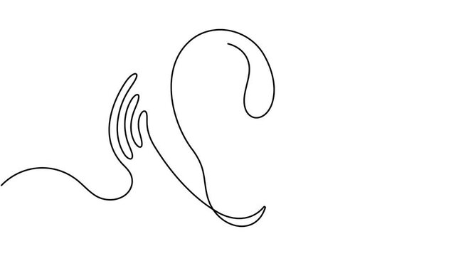 Modern human ear with wave sound frequency sign continuous unbroken single line art drawing on white background minimalist technology of hearing and medical health care concept symbol animation video