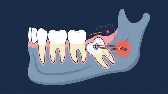 Orthodontic illustration showing a molar tooth being uprighted with a temporary anchorage device