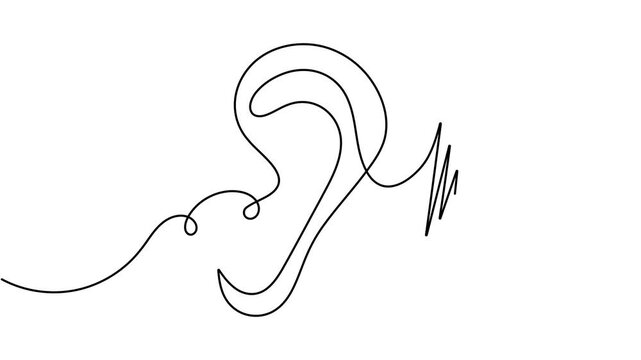 Modern human ear with wave sound frequency sign continuous unbroken single line art drawing on white background minimalist technology of hearing and medical health care concept symbol animation video