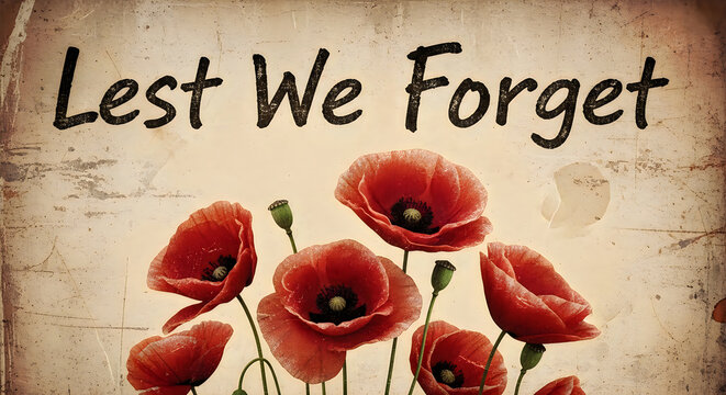 Vintage style memorial background with red poppy flowers and the text lest we forget