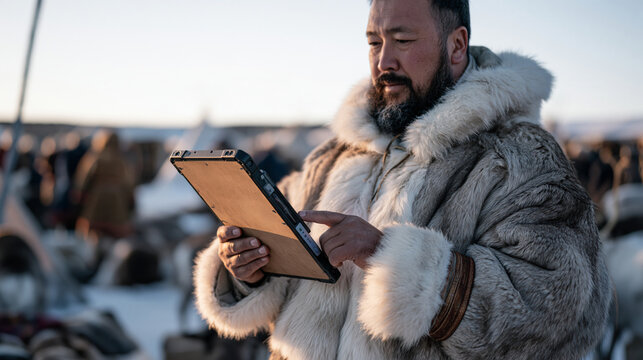 Sami reindeer herder using a rugged tablet POS terminal with an NFC reader to accept payment for handmade goods at a regional fair, indigenous artisan digital commerce concept