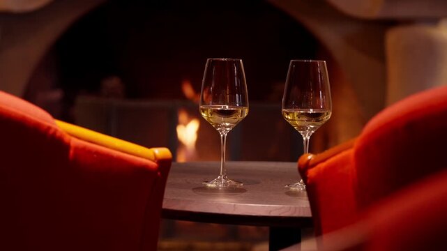 Deux verres de vin blanc pos&eacute;s devant une chemin&eacute;e allum&eacute;e