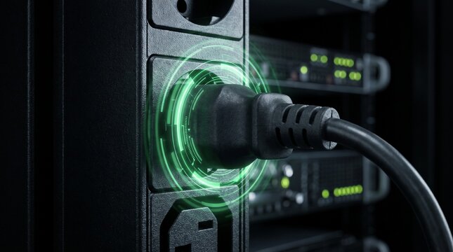 Conceptual macro of a smart PDU outlet emitting glowing green power metric rings