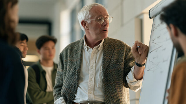 An Irish economics lecturer writes supply and demand curves freehand on a portable whiteboard during an impromptu tutorial session in a corridor alcove surrounded by small groups