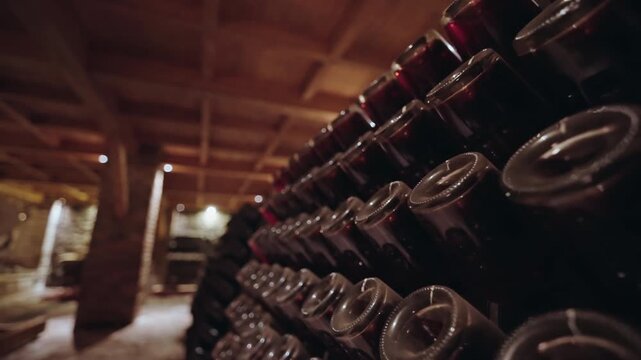 A close view of the dark glass bottoms and necks of wine bottles stacked in long rows in a dim Georgian winery cellar.