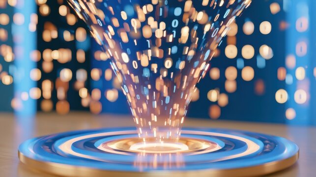 Floating luminous binary code emerging from glowing circular platform with blue and gold bokeh background
