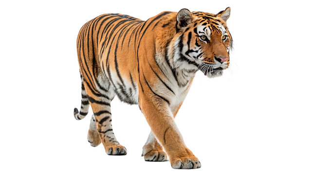 Large wild tiger predator walking sideways feline wildlife isolated on transparent background