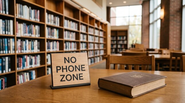 &ldquo;No Phone Zone&rdquo; sign on a library table beside a book, representing quiet study, phone restrictions