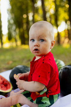 Adorable baby in watermelon outfit enjoying a picnic with fresh fruit
