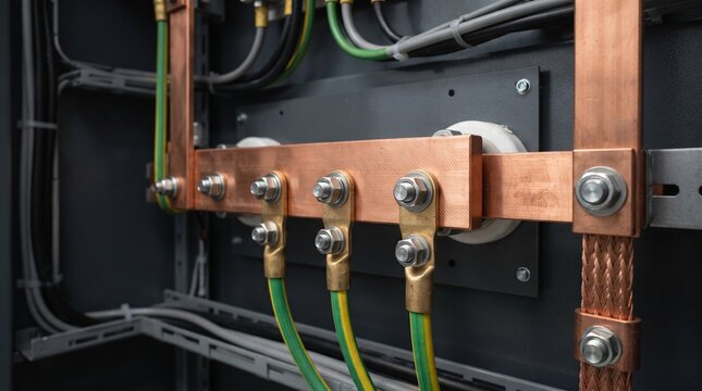 Copper busbar electrical grounding system inside industrial control panel.