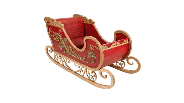 Red vintage Christmas Santa Claus sleigh with golden runners isolated on transparent background
