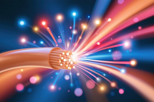 Fiber optic cable end glowing with colorful light beams radiating outward in abstract tech composition